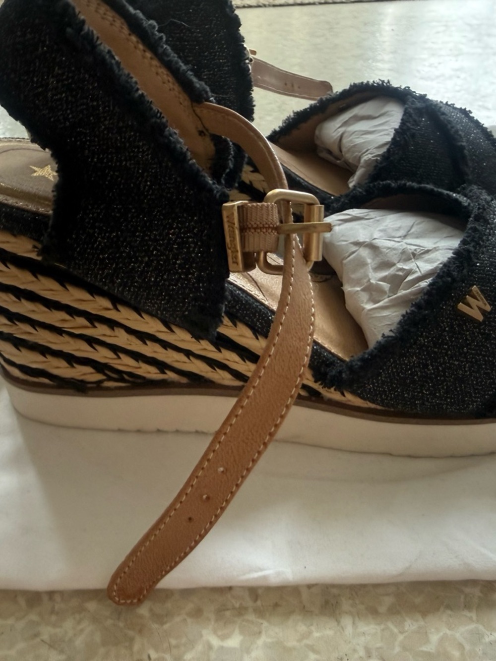Wrangler Black Espadrille Wedge Sandals with Tan Ankle Strap
